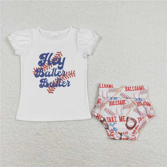 RTS NO MOQ Baby Girls Summer Outifts GBO0218 Hay batter Baseball Shirt Bummies Clothes Sets