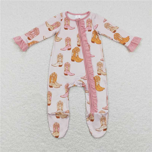 7.28 RTS NO MOQ Baby Girls Bodysuit LR0852 Western Pink Boots Zip Sleepers Rompers