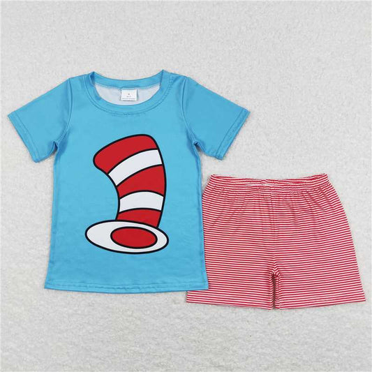 RTS NO MOQ Baby Boys kids Summer Sets BSSO0346 Blue hat t-shirt striped shorts outfit