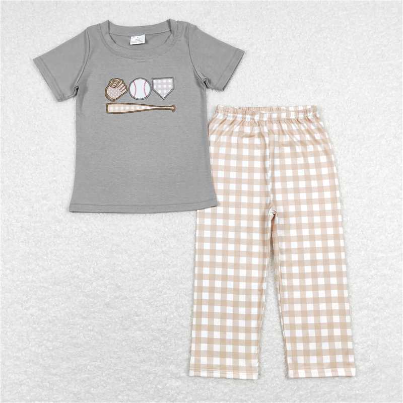 5.27 RTS NO MOQ Baby Boys Summer Sets BSPO0244 Grey Baseball Shirt Top Checkered Pants Clothing Sets