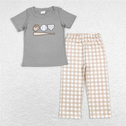 5.27 RTS NO MOQ Baby Boys Summer Sets BSPO0244 Grey Baseball Shirt Top Checkered Pants Clothing Sets