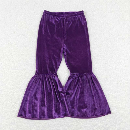 5.23 RTS NO MOQ Baby Girls Long Pants P0385 Purple Velvet Mardi Gras Bell Bottom Flare Pants