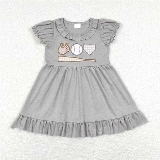 8.2 RTS NO MOQ Summer Baby Girls Dresses GSD0574 Baseball Grey Short Sleeve Knee Length Dresses