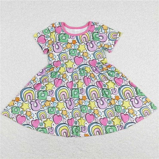 8.1 RTS NO MOQ Summer Baby Girls Dresses GSD0537 Short Sleeve St Patrick Day Rainbow Knee Length Dresses
