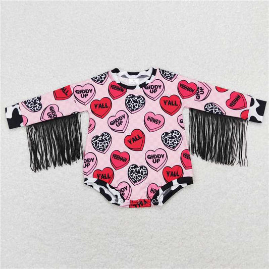 7.28 RTS NO MOQ Baby Girls Bodysuit LR0815 Valentines Hearts Long Sleeve Tassel Rompers