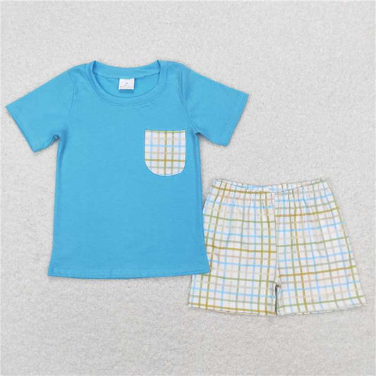 RTS NO MOQ Baby Boys kids Summer Sets BSSO0372 Easter Green Checkered Pocket Tee Shorts Clothes Sets