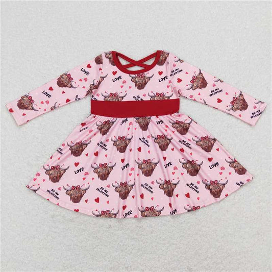 6.13 RTS NO MOQ Baby Girls Long Sleeve GLD0479 Valentines Western Cow Hearts Long Sleeve Knee Length Dresses