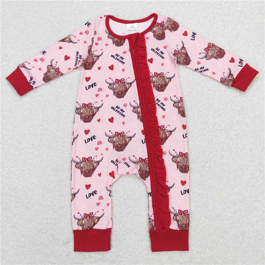 7.28 RTS NO MOQ Baby Girls Bodysuit LR0804 Western Highland Cow Valentines Hearts Zip Rompers