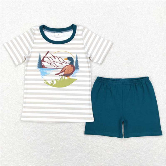 RTS NO MOQ Baby Boys kids Summer Sets BSSO0307 Khaki Stripes Duck Hunting Tee Shirts Tops Shorts Clothing Sets