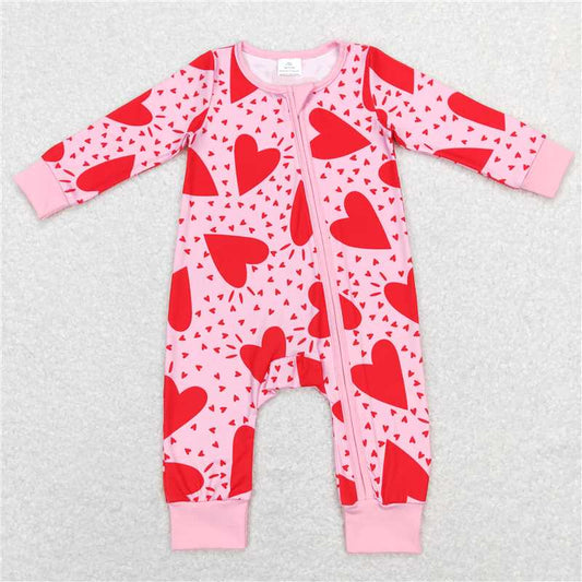 7.28 RTS NO MOQ Baby Girls Bodysuit LR0839 Valentines Pink Red Hearts Zip Long Sleeve Rompers