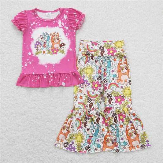 7.2 RTS NO MOQ Baby Girls Summer Kids Sets GSPO1375 Dog Flowers Shirts Tops Bell Pants Clothes Sets