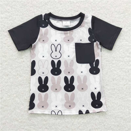 5.21  RTS NO MOQ Summer Baby Boys Shirt BT0589 Easter Black Rabbits Pocket Short Sleeve Tee Shirts Tops
