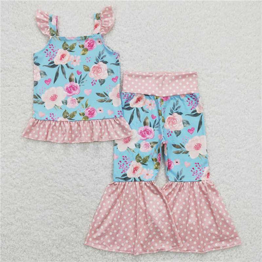 7.2 RTS NO MOQ Baby Girls Summer Kids Sets GSPO1163 Blue Flowers Ruffle Top Bell Bottom Pants Clothes Sets