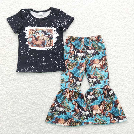 7.2 RTS NO MOQ Baby Girls Summer Kids Sets GSPO1199 Western Horse Tee Top Bell Pants Western Outfits Sets