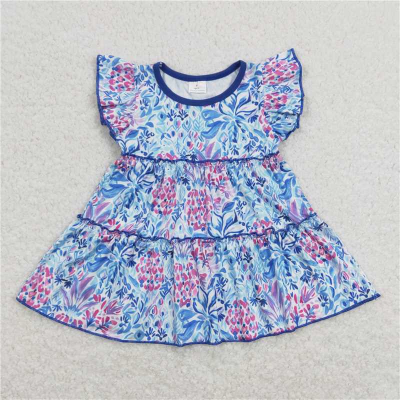 5.20 RTS NO MOQ Summer Baby Girls Short Sleeve GT0474 Flutter Sleeve Blue Flowers Tunic Tops