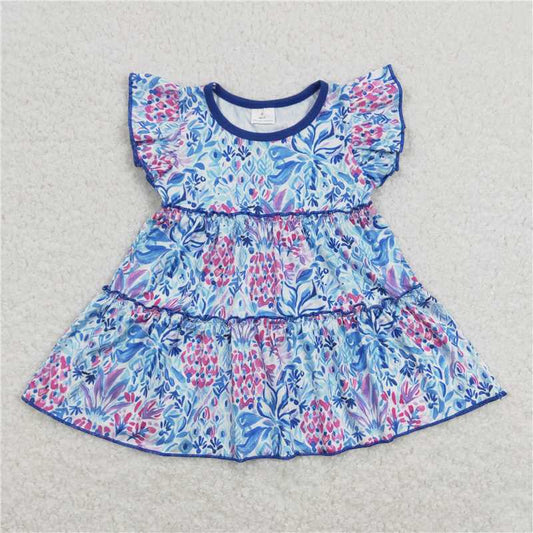 5.20 RTS NO MOQ Summer Baby Girls Short Sleeve GT0474 Flutter Sleeve Blue Flowers Tunic Tops