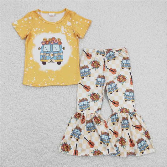 7.2 RTS NO MOQ Baby Girls Summer Kids Sets GSPO1369 Flowers Guitar Bus Shirts Bell Pants Clothes Sets