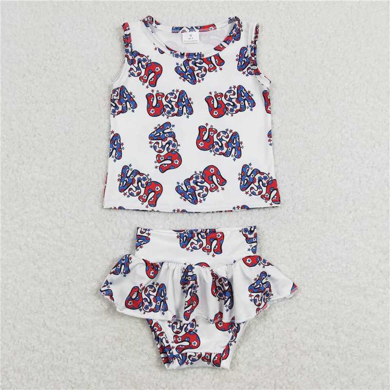 RTS NO MOQ Baby Girls Summer Outifts GBO0225 4th Of July Top USA Bummies Clothes Sets