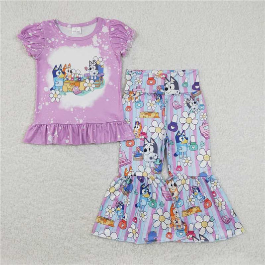 7.2 RTS NO MOQ Baby Girls Summer Kids Sets GSPO1376 Lavender Family Dog Shirts Tops Bell Pants Clothes Sets