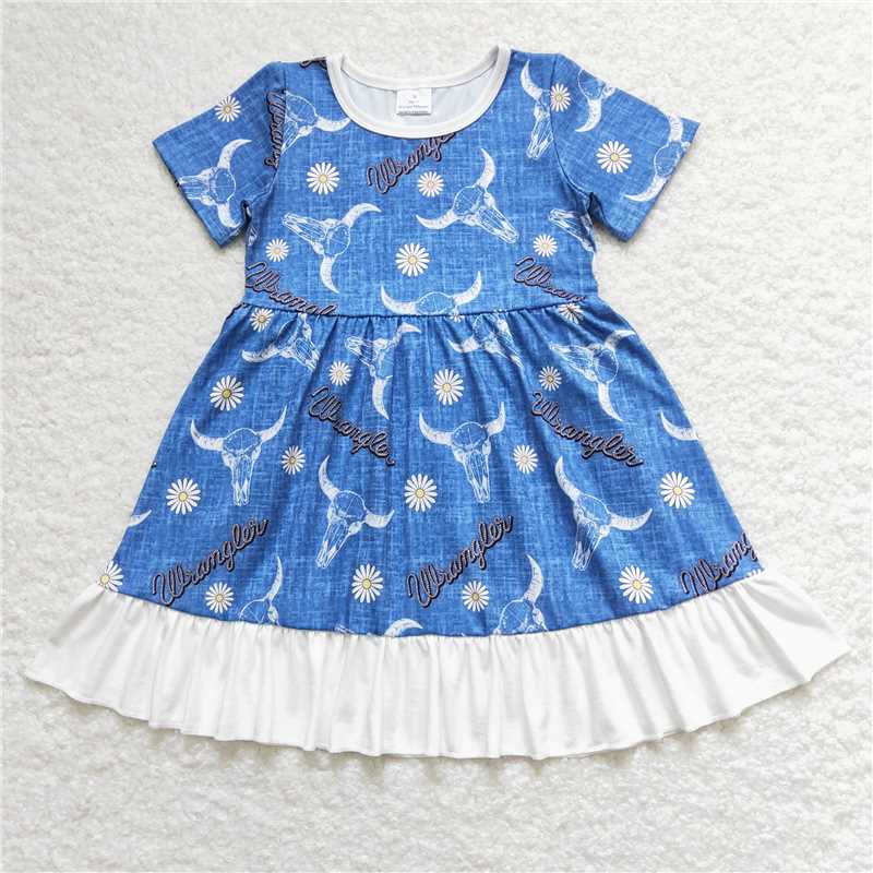 8.1 RTS NO MOQ Summer Baby Girls Dresses GSD0756 Cow Flowers Western Ruffle Knee Length Dresses