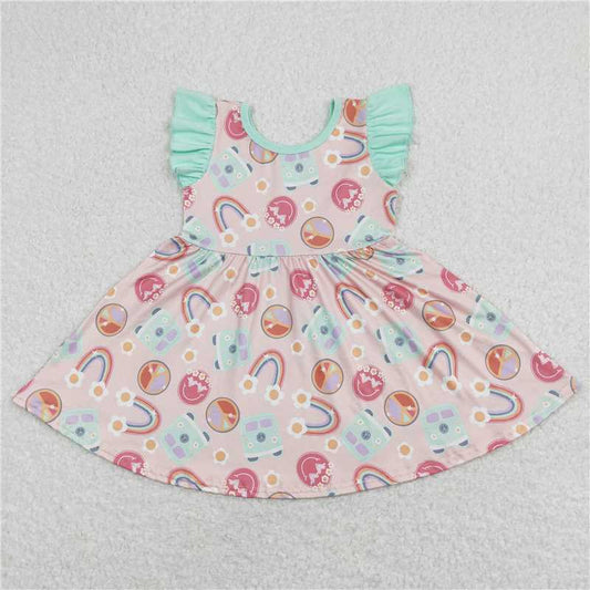 8.1 RTS NO MOQ Summer Baby Girls Dresses GSD0717 Rainbow Bus Flutter Sleeve Twirl Dresses