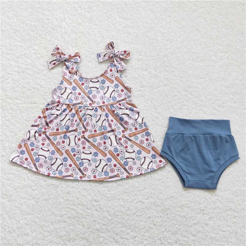 RTS NO MOQ Baby Girls Summer Outifts GBO0242 Sleeveless Baseball Flowers Tunic Top Bummies Clothes Sets