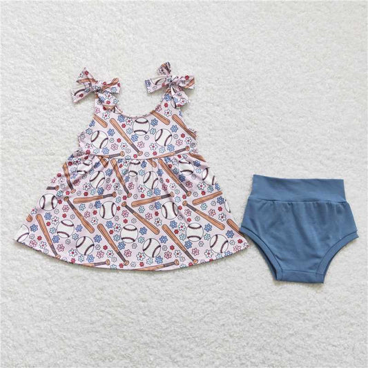 RTS NO MOQ Baby Girls Summer Outifts GBO0242 Sleeveless Baseball Flowers Tunic Top Bummies Clothes Sets