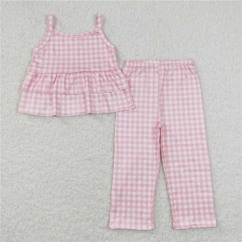 7.2 RTS NO MOQ Baby Girls Summer Kids Sets GSPO1380 Pink Checkered Shirt Tops Pants Spring Clothes Sets