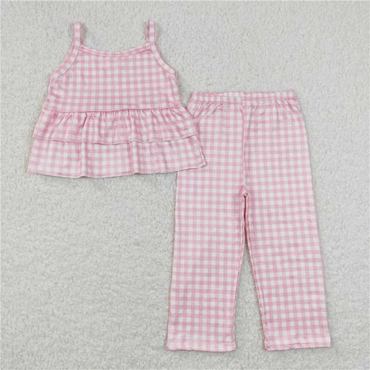 7.2 RTS NO MOQ Baby Girls Summer Kids Sets GSPO1380 Pink Checkered Shirt Tops Pants Spring Clothes Sets