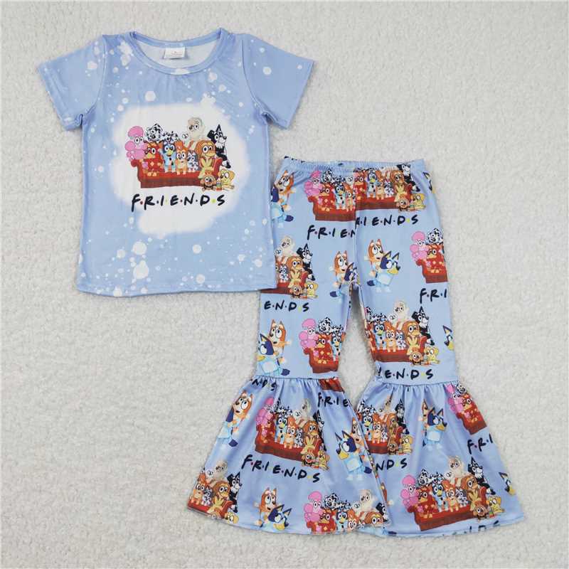 7.2 RTS NO MOQ Baby Girls Summer Kids Sets GSPO1286 Short Sleeve Dog Friends Tee Top Flare Bell Pants Clothes Sets