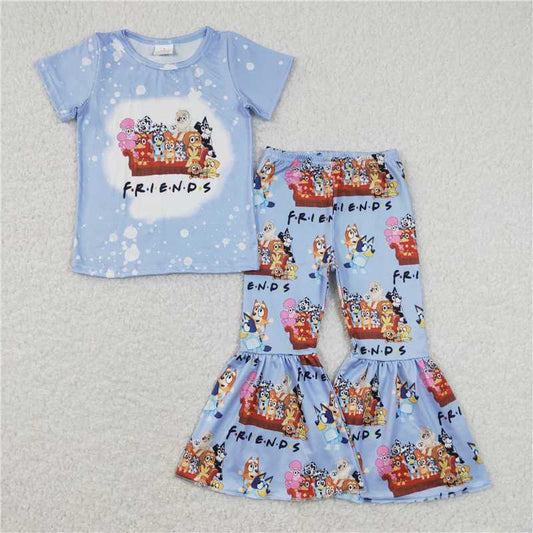 7.2 RTS NO MOQ Baby Girls Summer Kids Sets GSPO1286 Short Sleeve Dog Friends Tee Top Flare Bell Pants Clothes Sets