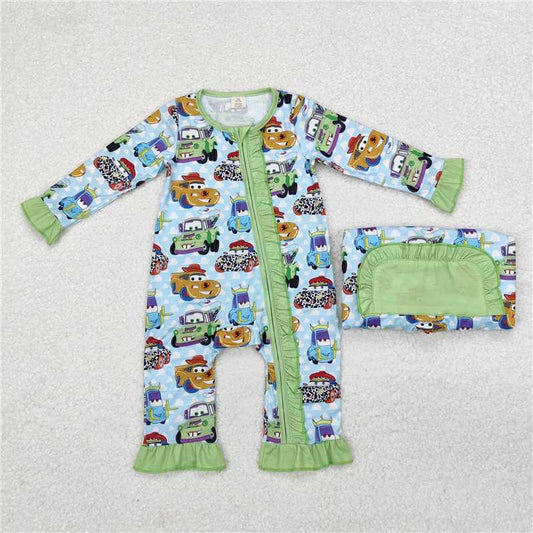 5.19 RTS NO MOQ Baby Girls Bodysuit LR1623 Green Long Sleeve Cars Ruffle Bamboo Zip Rompers