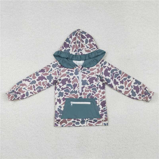 RTS NO MOQ Baby Girls Long Sleeve GT0629 Green Ruffle Camo Hunting Hooded Zip Jackets Tops