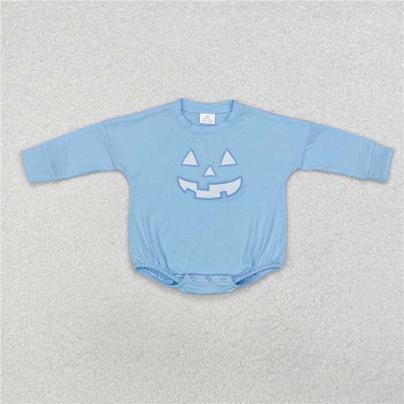 5.13 RTS NO MOQ Baby Boys Bodysuit LR1575 Halloween Light Blue Pumpkin Long Sleeve Rompers