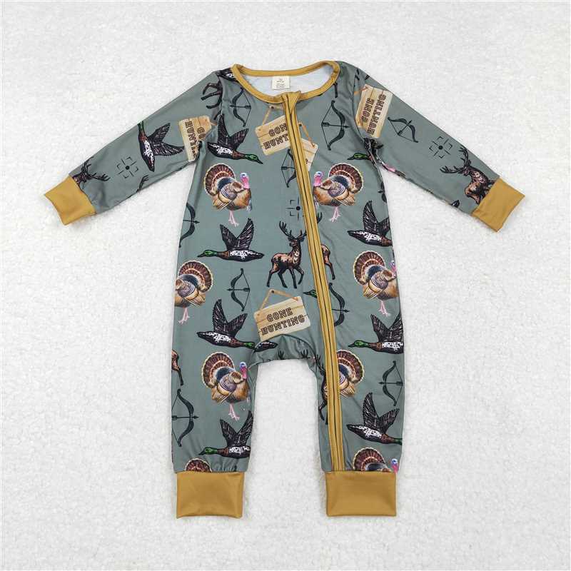 5.15 RTS NO MOQ Baby Boys Bodysuit LR1680 Hunting Deers Ducks Bamboo Zip Rompers