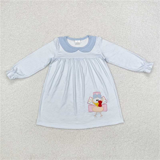 5.15 RTS NO MOQ Baby Girls Long Sleeve GLD0603 Blue Turkey Thanksgiving Knee Length Dresses