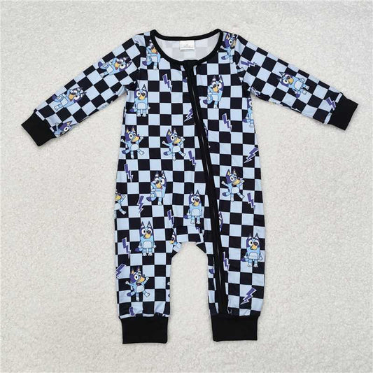 5.13 RTS NO MOQ Baby Boys Bodysuit LR1910 Plaid Blue Dogs Zip Rompers