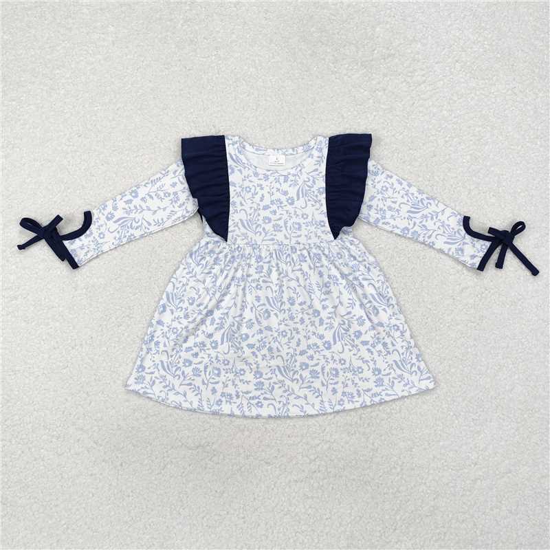 RTS NO MOQ Baby Girls Long Sleeve GLD0836 Blue Flowers Ruffle Knee Length Dresses