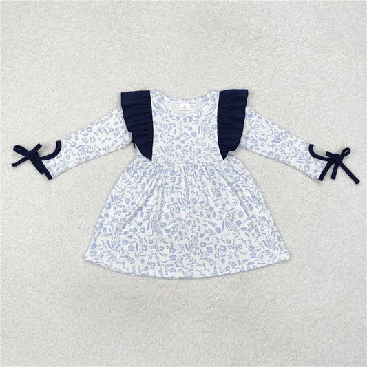 RTS NO MOQ Baby Girls Long Sleeve GLD0836 Blue Flowers Ruffle Knee Length Dresses