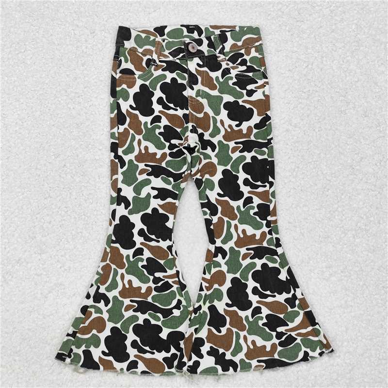 P0582 Baby Girls Brown Camo Fall Bell Flare Denim Pants