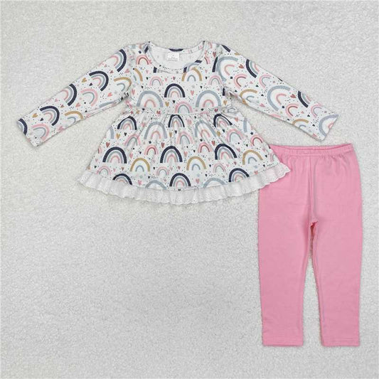 RTS NO MOQ Baby Girls Long Sleeve Outfits GLP1787 Rainbow Tunic Pink Legging Boutique Outfits Clothes Sets
