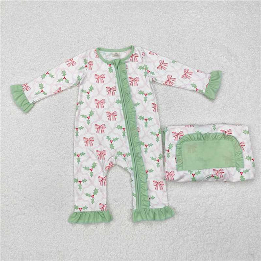 5.19 RTS NO MOQ Baby Girls Bodysuit LR1344 Christmas Bows Holly Long Sleeve Zip Rompers