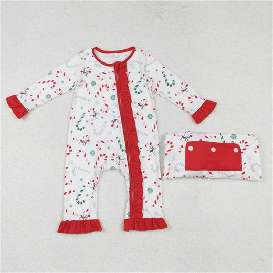 5.14 RTS NO MOQ Baby Girls Bodysuit LR1842 Christmas Candy Cane Zip Ruffle Rompers