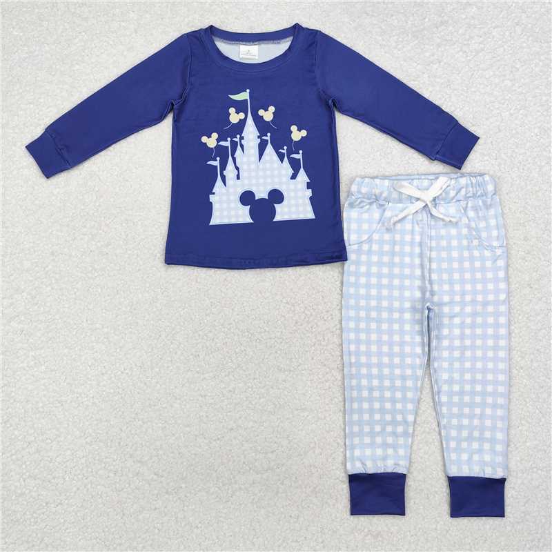 BLP0753 Baby Boys Blue Castle Cartoon Top Pants Pajamas Clothes Sets