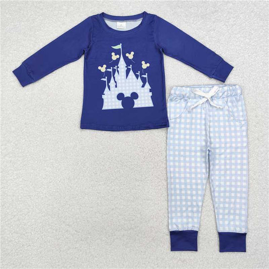 BLP0753 Baby Boys Blue Castle Cartoon Top Pants Pajamas Clothes Sets