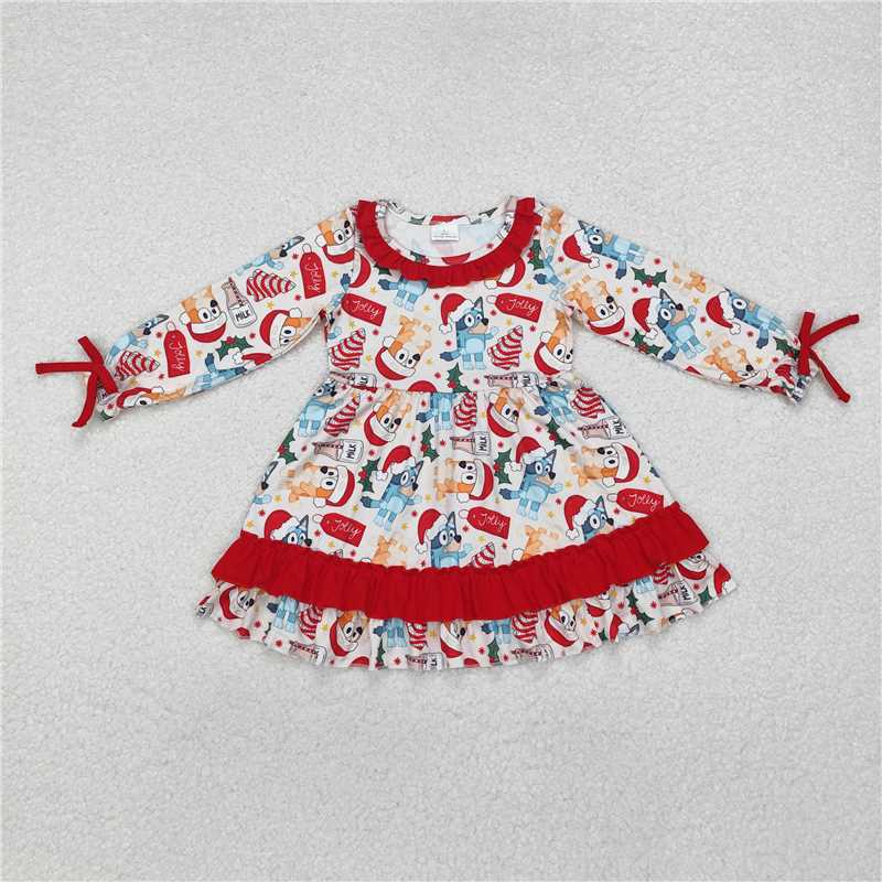 RTS NO MOQ Baby Girls Long Sleeve GLD0802 Dogs Christmas Tree Cake Ruffle Knee Length Dresses