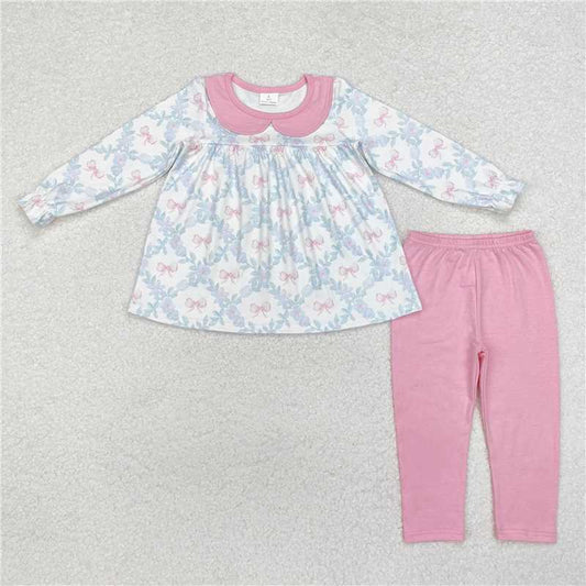 RTS NO MOQ Baby Girls Long Sleeve Outfits GLP1876 Flowers Bows Tunic Pink Legging Clothes Sets