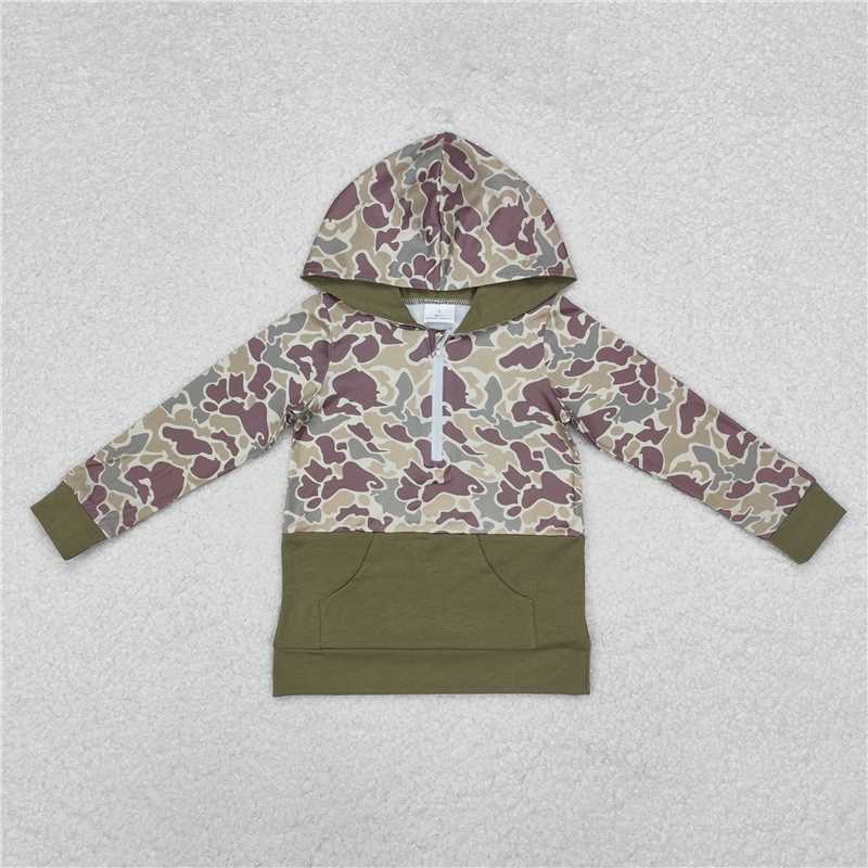 BT0913 Baby Boys Green Camouflage Hooded Zip Pullovers Tops