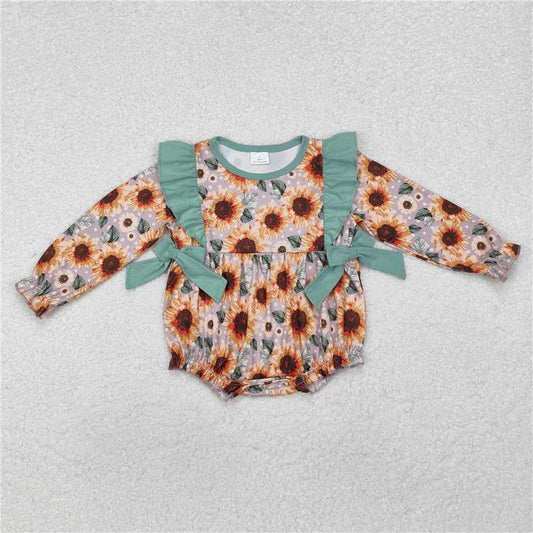 5.14 RTS NO MOQ Baby Girls Bodysuit LR1492 Green Bows Flowers Long Sleeve Rompers