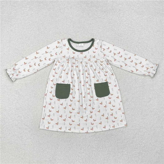 GLD0717 Baby Girls Fall Ducks Green Pockets Knee Length Dresses